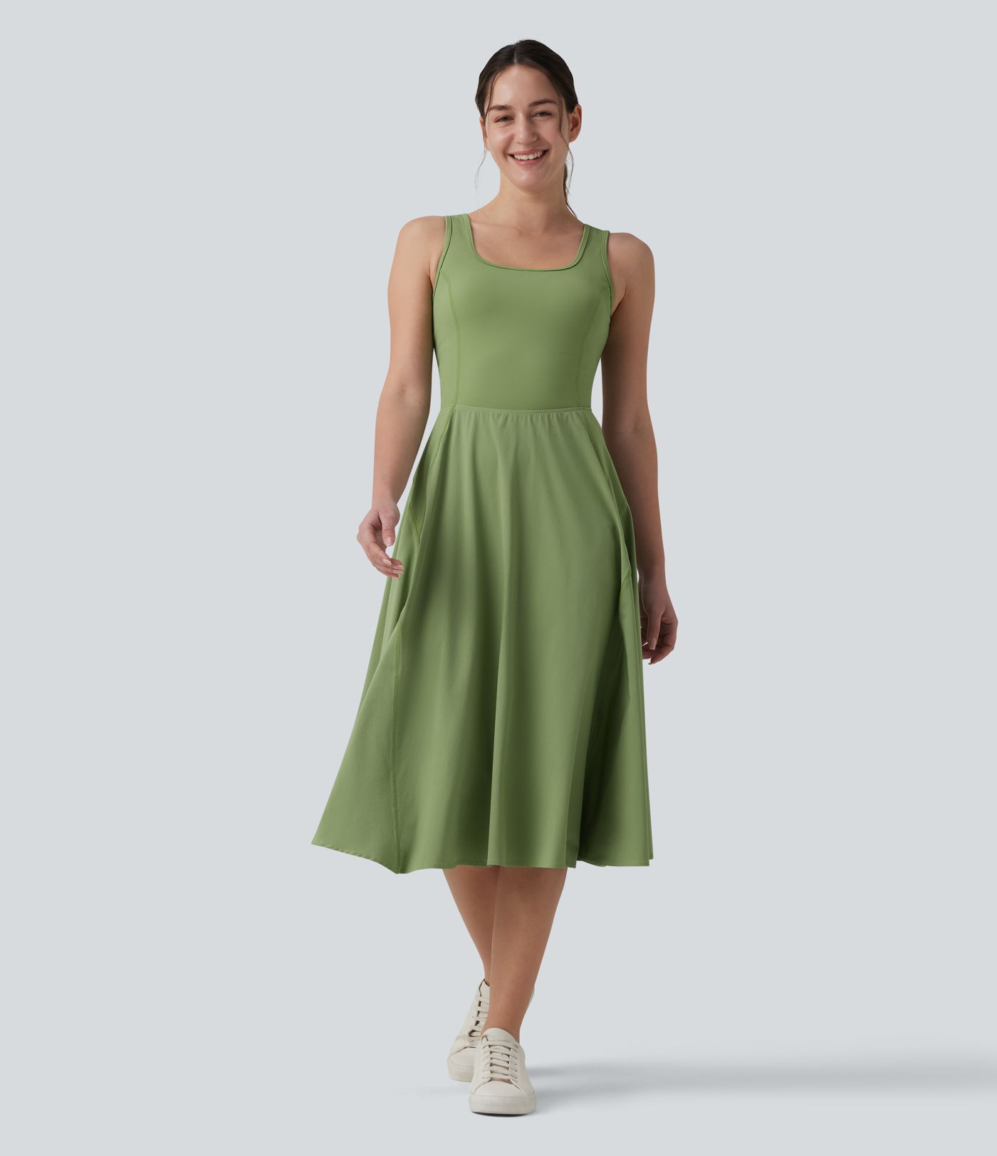 Breezeful™ Square Neck Crisscross Backless Built-in Bra 2-in-1 Midi Quick Dry Dance Active Dress with Pocket-Easy Peezy
