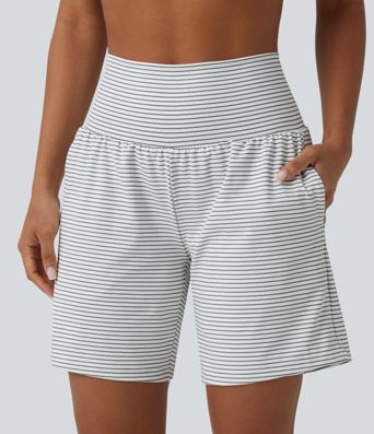Super High Waisted 2-in-1 Stripe Yoga Shorts 7'' with Pockets