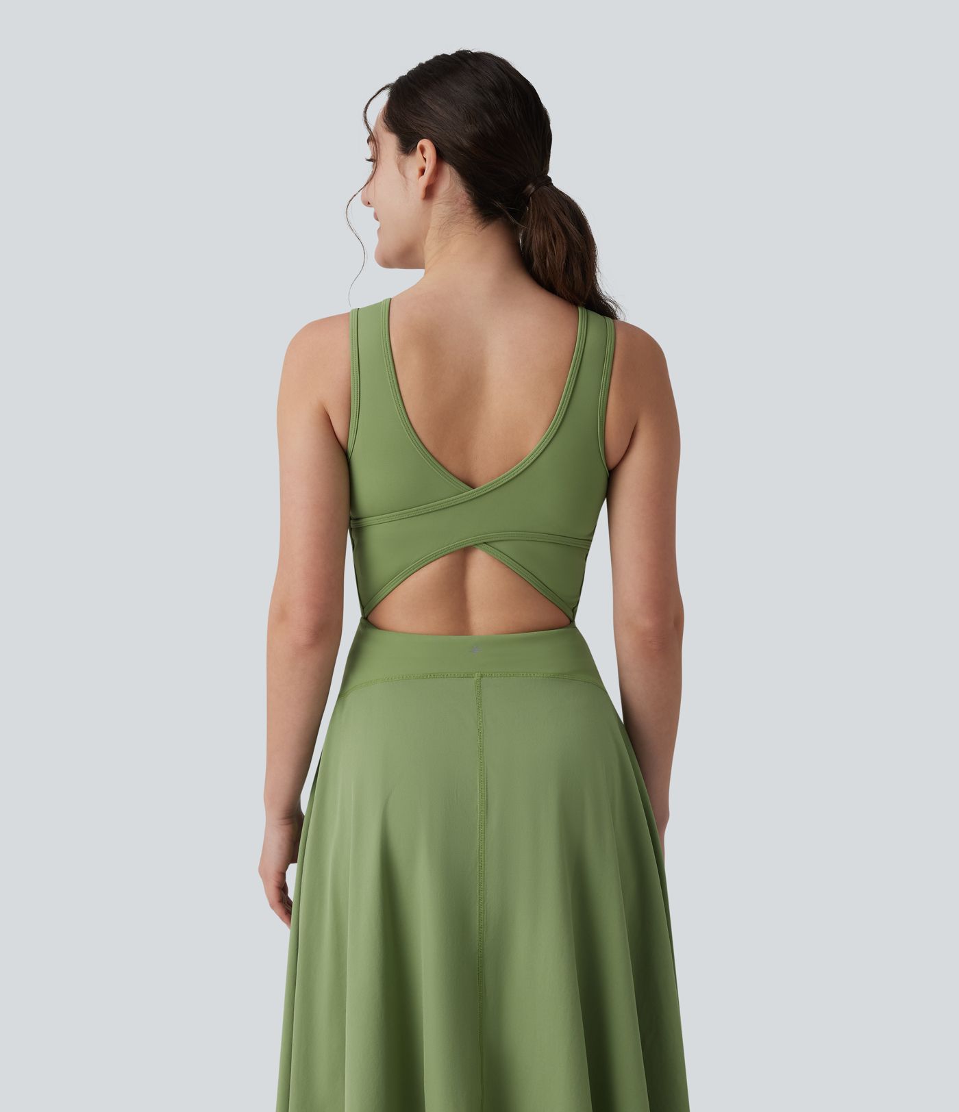 Breezeful™ Square Neck Crisscross Backless Built-in Bra 2-in-1 Midi Quick Dry Dance Active Dress with Pocket-Easy Peezy