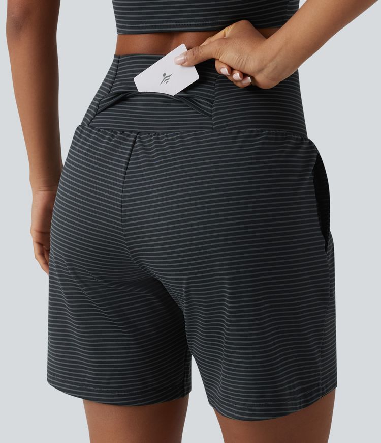 Super High Waisted 2-in-1 Stripe Yoga Shorts 7'' with Pockets