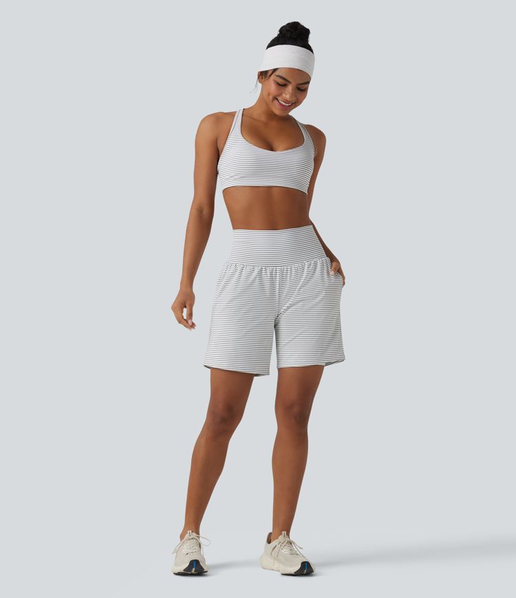 Super High Waisted 2-in-1 Stripe Yoga Shorts 7'' with Pockets