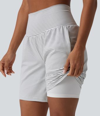 Super High Waisted 2-in-1 Stripe Yoga Shorts 7'' with Pockets
