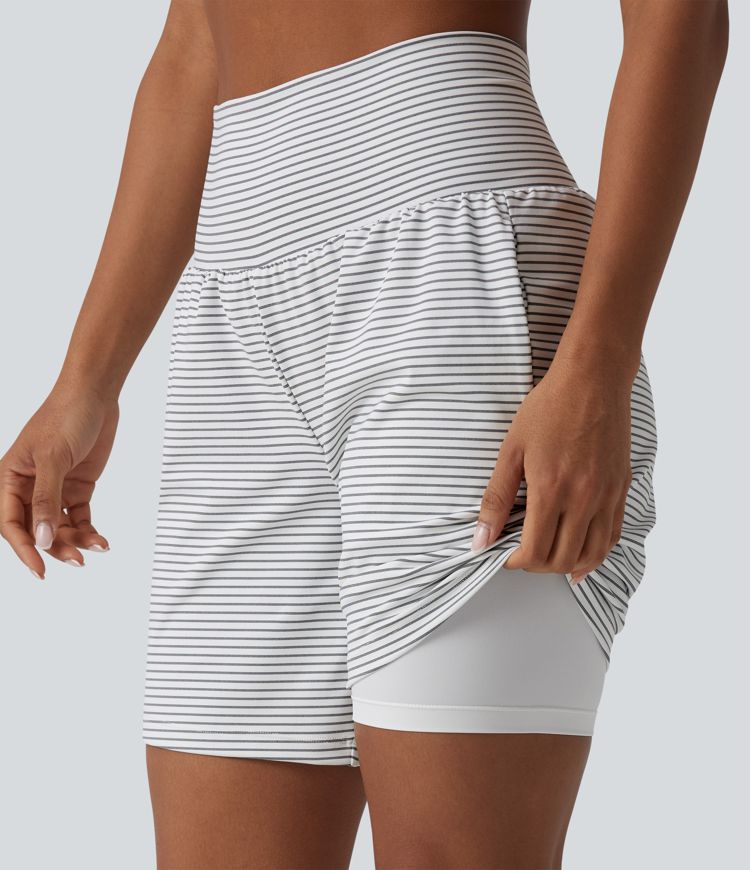 Super High Waisted 2-in-1 Stripe Yoga Shorts 7'' with Pockets
