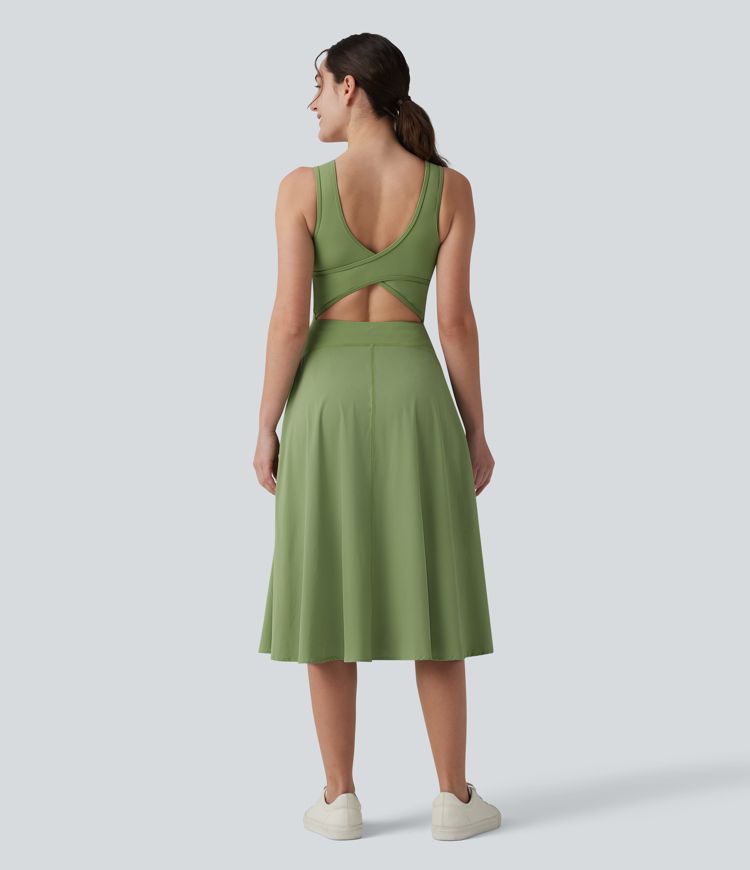 Breezeful™ Square Neck Crisscross Backless Built-in Bra 2-in-1 Midi Quick Dry Dance Active Dress with Pocket-Easy Peezy