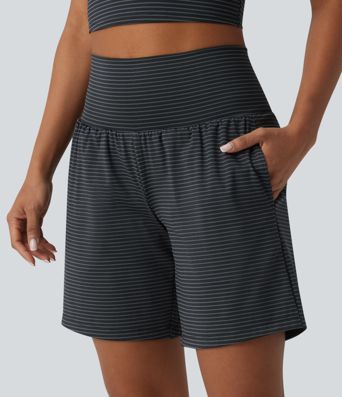 Super High Waisted 2-in-1 Stripe Yoga Shorts 7'' with Pockets