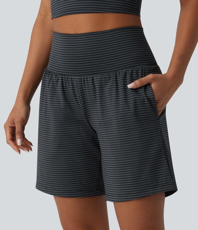Super High Waisted 2-in-1 Stripe Yoga Shorts 7'' with Pockets