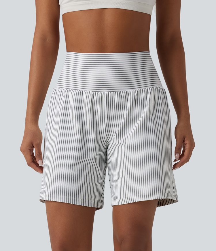 Super High Waisted 2-in-1 Stripe Yoga Shorts 7'' with Pockets