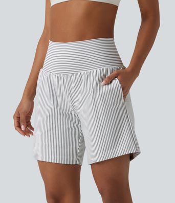 Short de yoga 2-en-1 à rayures, taille ultra haute, 7'' avec poches