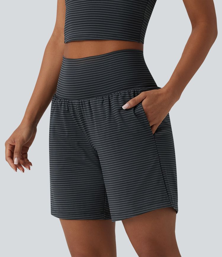 Super High Waisted 2-in-1 Stripe Yoga Shorts 7'' with Pockets
