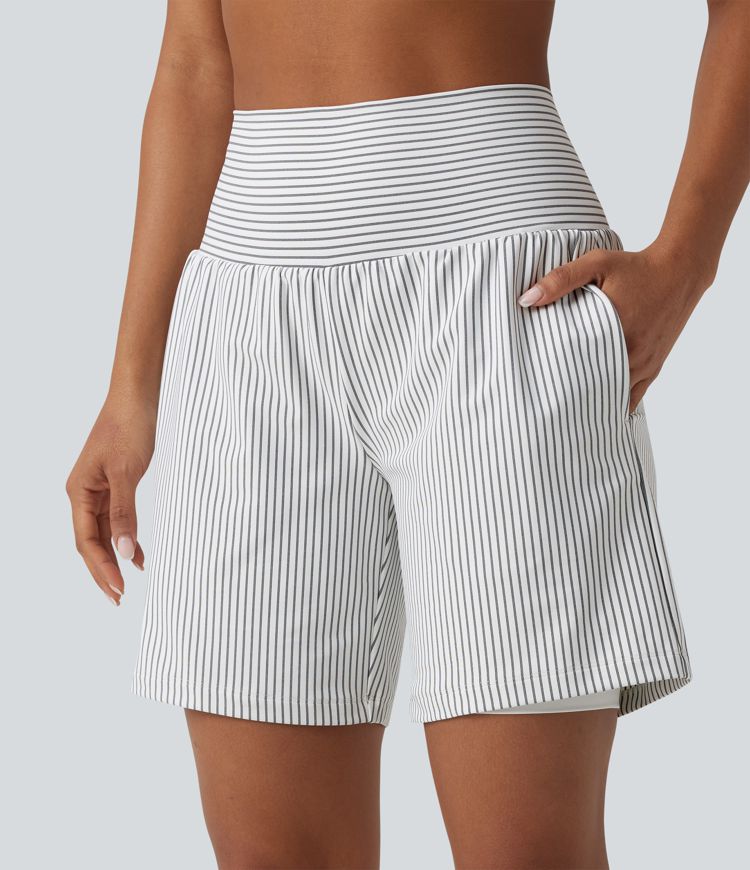 Super High Waisted 2-in-1 Stripe Yoga Shorts 7'' with Pockets