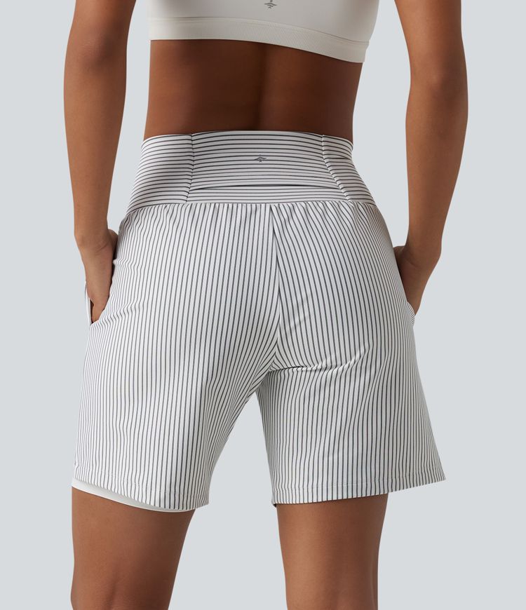 Super High Waisted 2-in-1 Stripe Yoga Shorts 7'' with Pockets