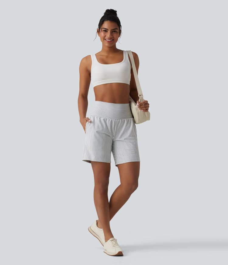 Super High Waisted 2-in-1 Stripe Yoga Shorts 7'' with Pockets