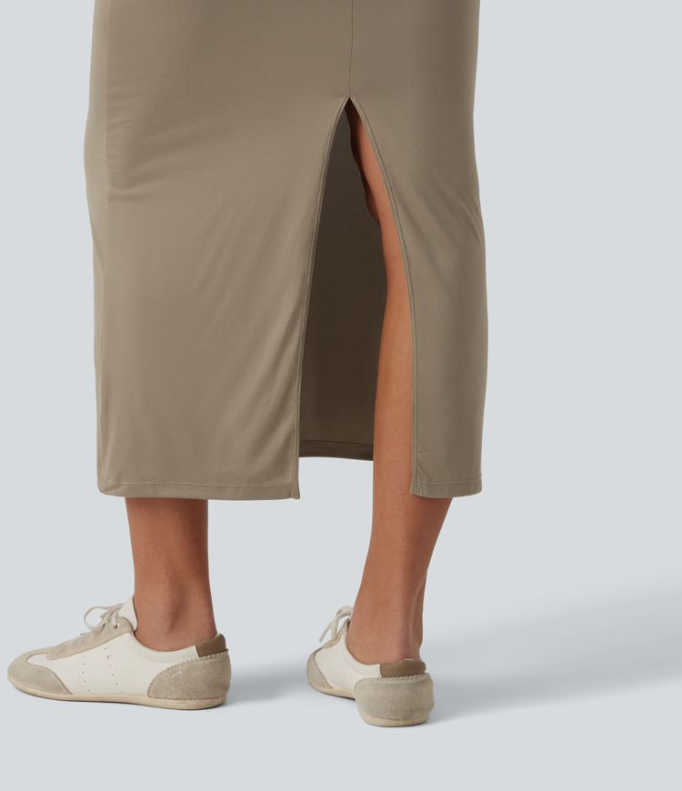 Round Neck Twisted Short Sleeve Split Midi Casual T-Shirt Dress