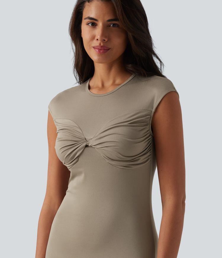 Round Neck Twisted Short Sleeve Split Midi Casual T-Shirt Dress