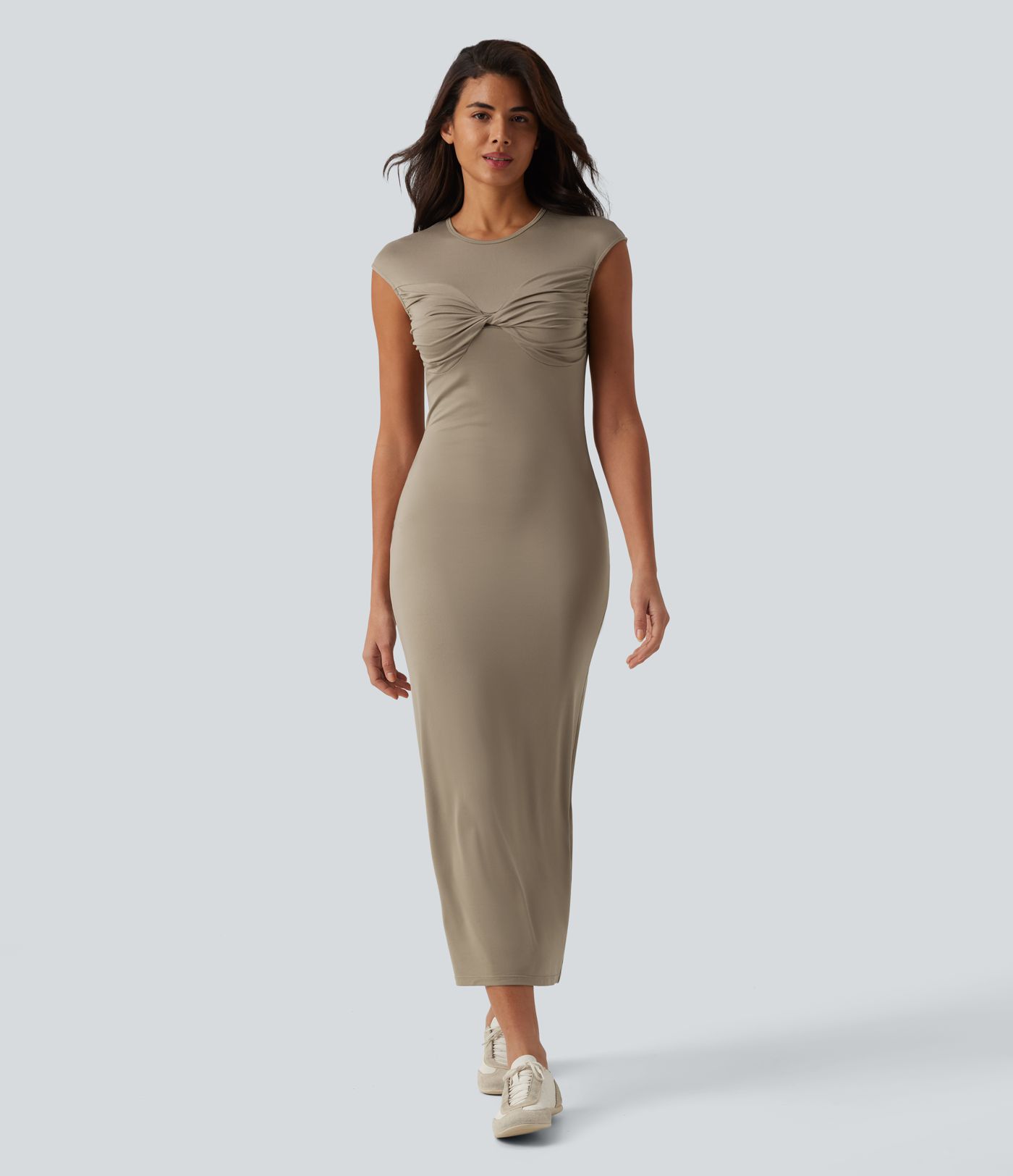 Round Neck Twisted Short Sleeve Split Midi Casual T-Shirt Dress