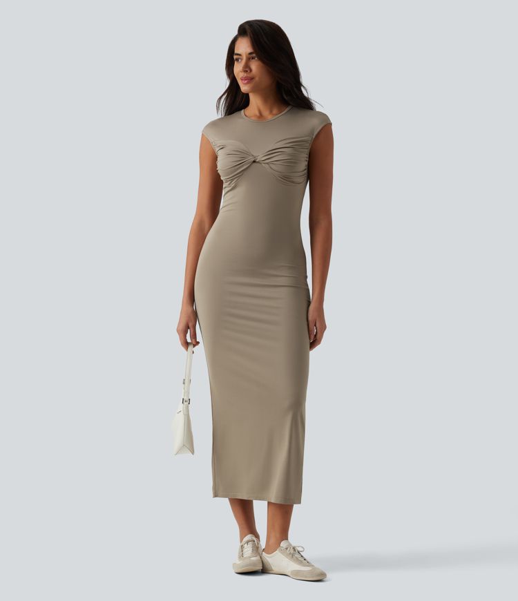 Round Neck Twisted Short Sleeve Split Midi Casual T-Shirt Dress