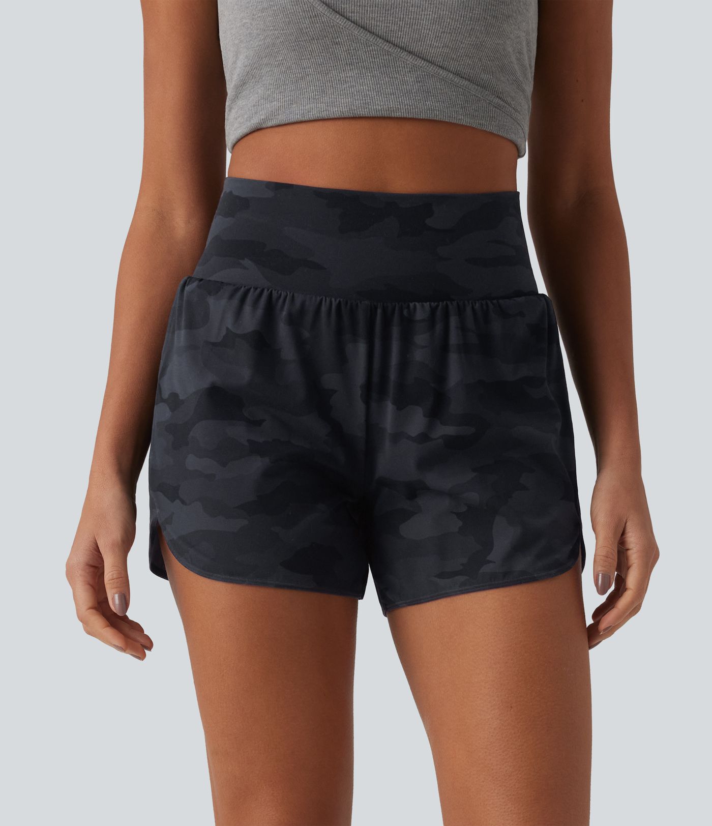 Halara UltraSculpt™ Camo Print High Waisted Tummy Control Curved Hem 2-in-1 Running Shorts with Pocket