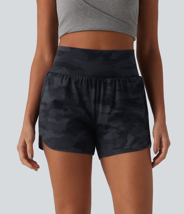 Halara UltraSculpt™ Camo Print High Waisted Tummy Control Curved Hem 2-in-1 Running Shorts with Pocket