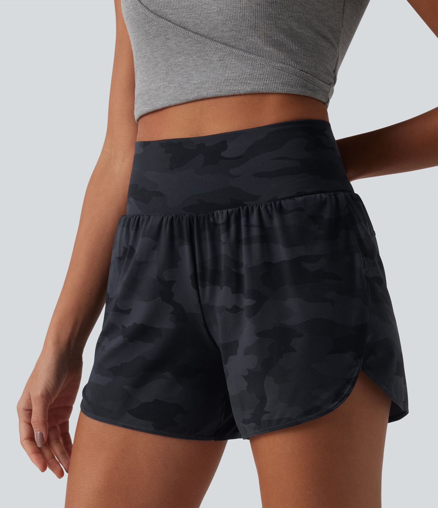 Halara UltraSculpt™ Camo Print High Waisted Tummy Control Curved Hem 2-in-1 Running Shorts with Pocket