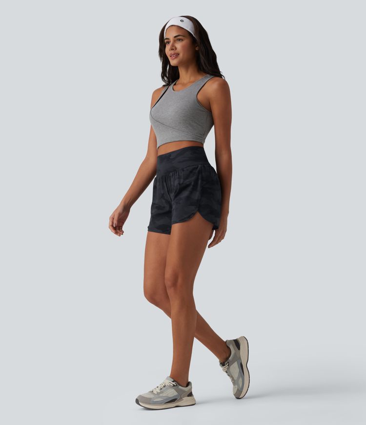 Halara UltraSculpt™ Camo Print High Waisted Tummy Control Curved Hem 2-in-1 Running Shorts with Pocket