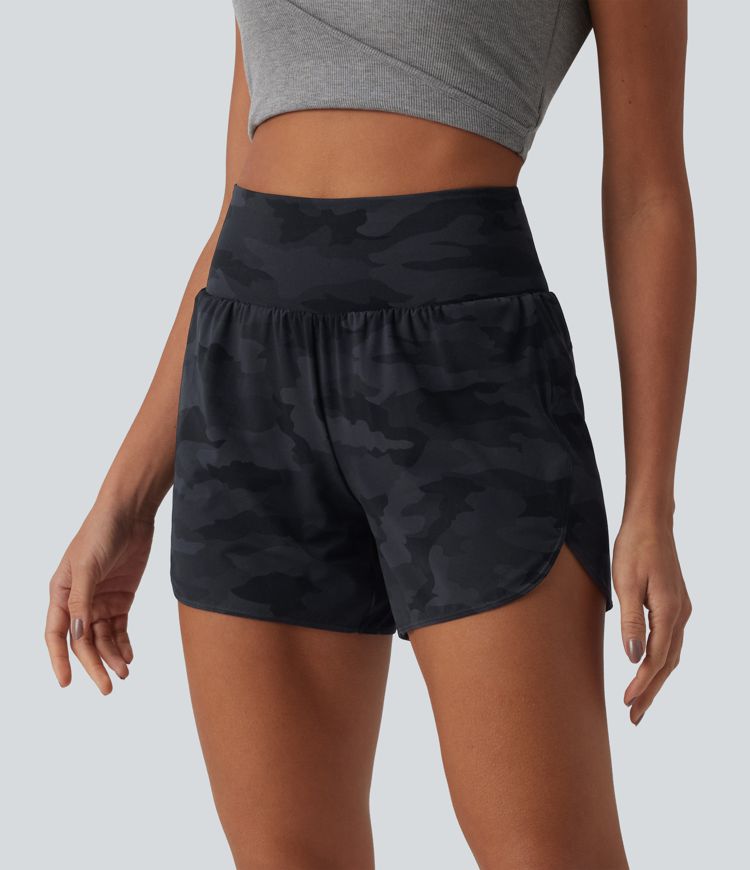Halara UltraSculpt™ Camo Print High Waisted Tummy Control Curved Hem 2-in-1 Running Shorts 4" with Pocket