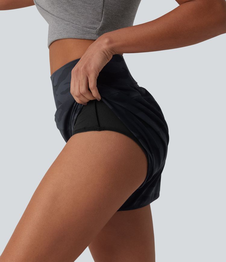 Halara UltraSculpt™ Camo Print High Waisted Tummy Control Curved Hem 2-in-1 Running Shorts with Pocket
