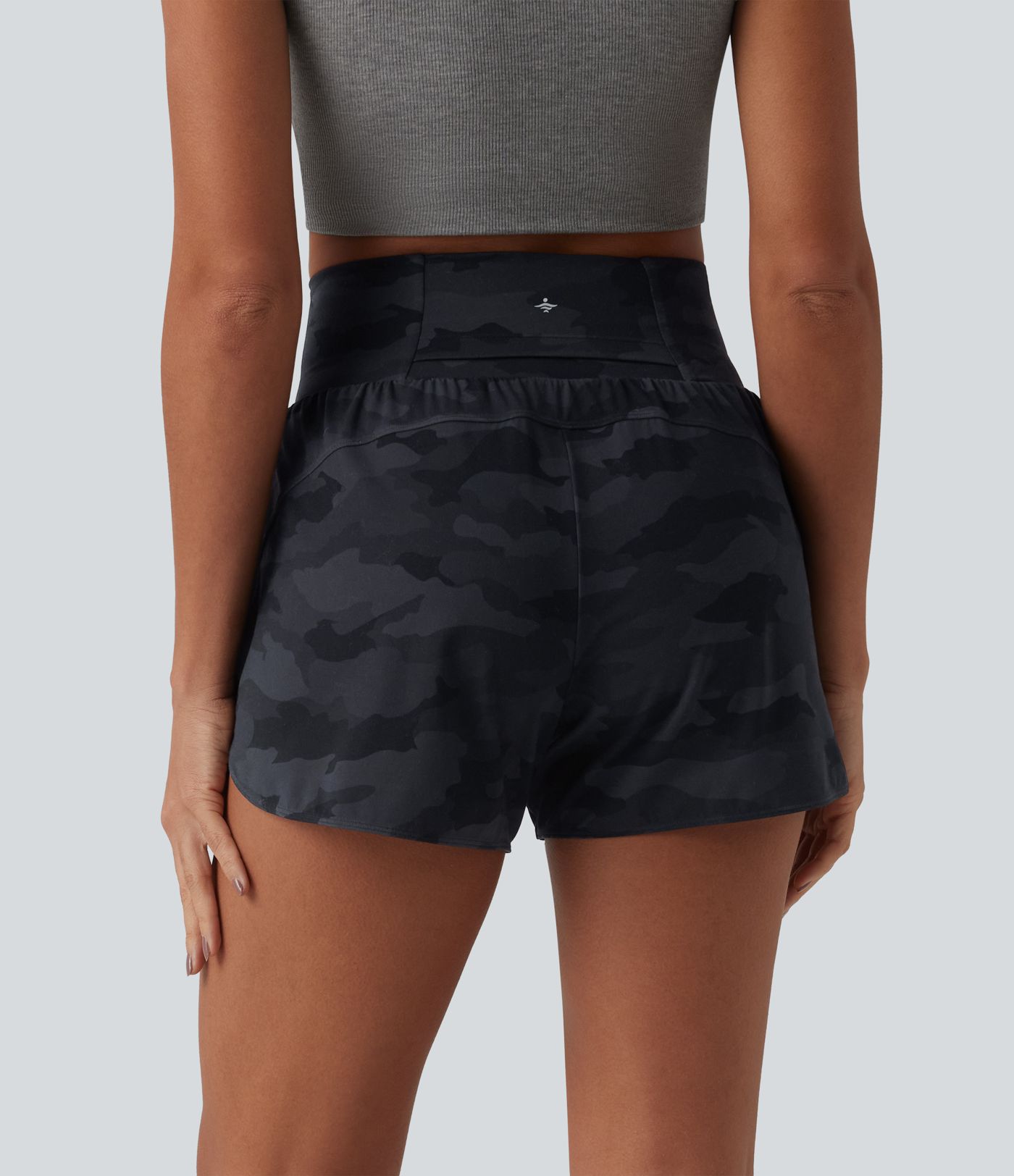 Halara UltraSculpt™ Camo Print High Waisted Tummy Control Curved Hem 2-in-1 Running Shorts with Pocket