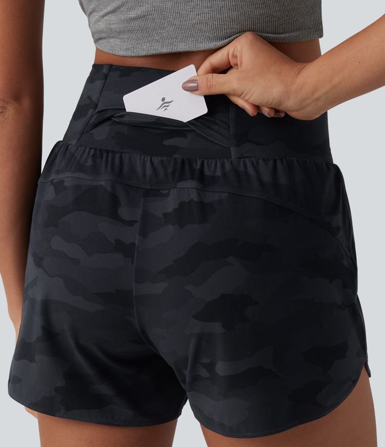 Halara UltraSculpt™ Camo Print High Waisted Tummy Control Curved Hem 2-in-1 Running Shorts with Pocket