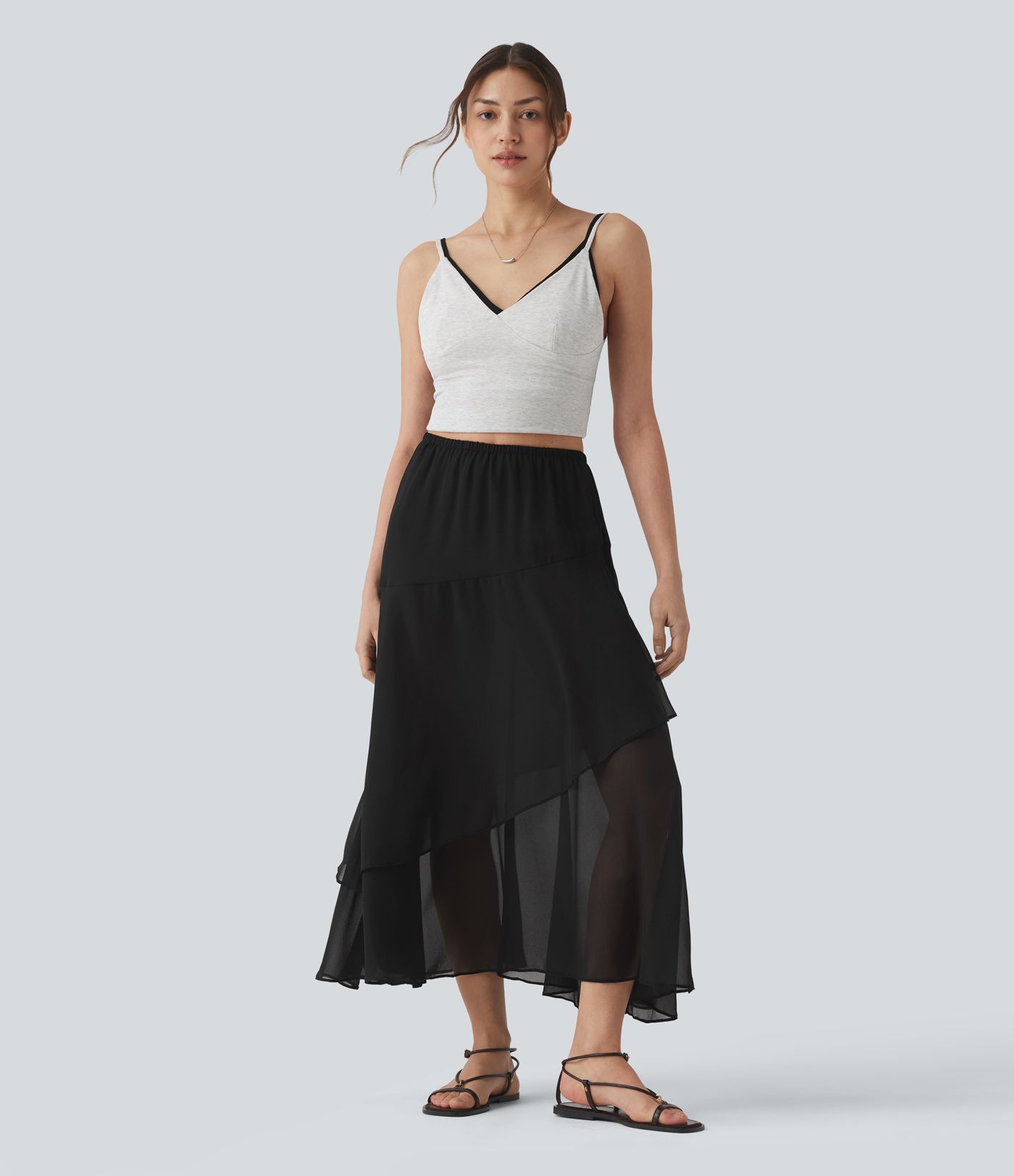 High Waisted Ruffle Layered Midi Casual Skirt