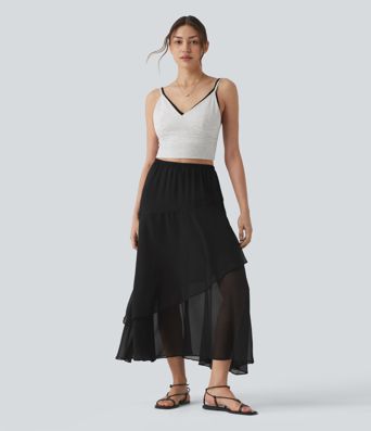High Waisted Ruffle Layered Midi Casual Skirt