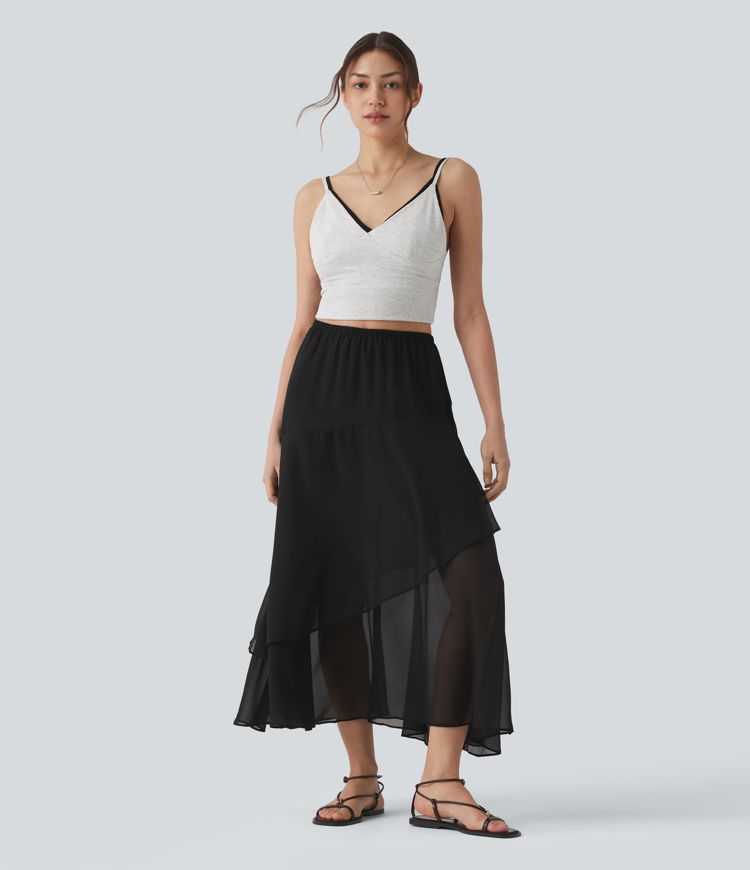 High Waisted Ruffle Layered Midi Casual Skirt