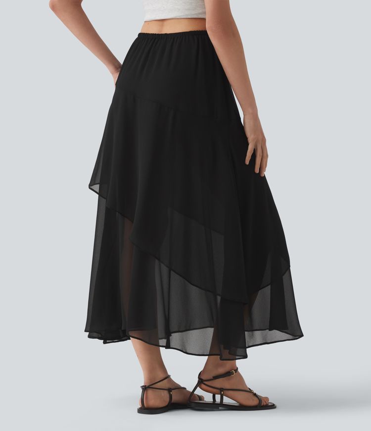 High Waisted Ruffle Layered Midi Casual Skirt