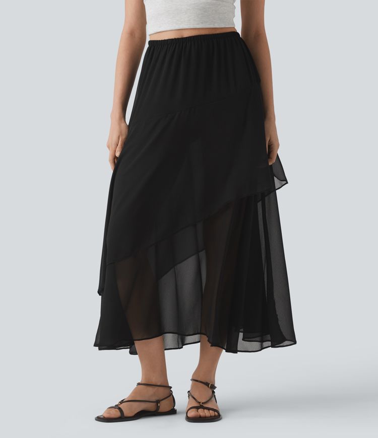 High Waisted Ruffle Layered Midi Casual Skirt