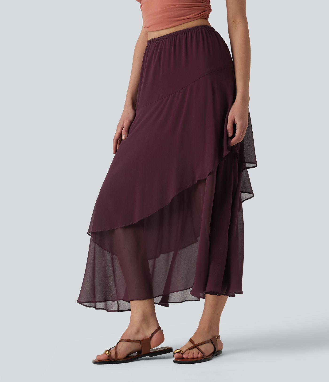 High Waisted Ruffle Layered Midi Casual Skirt