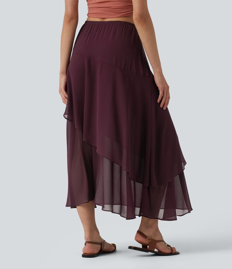 High Waisted Ruffle Layered Midi Casual Skirt