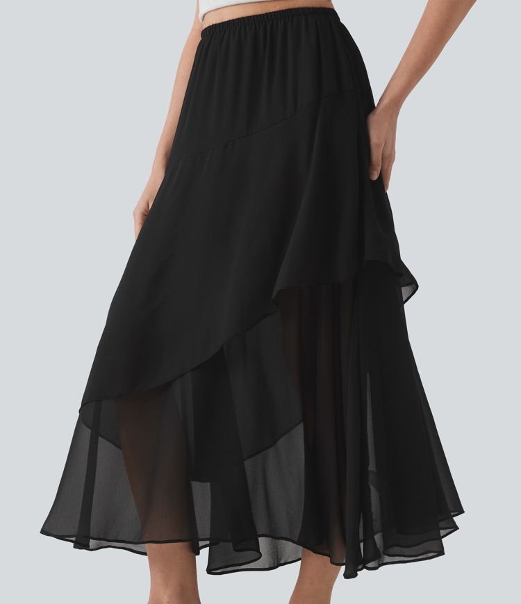 High Waisted Ruffle Layered Midi Casual Skirt