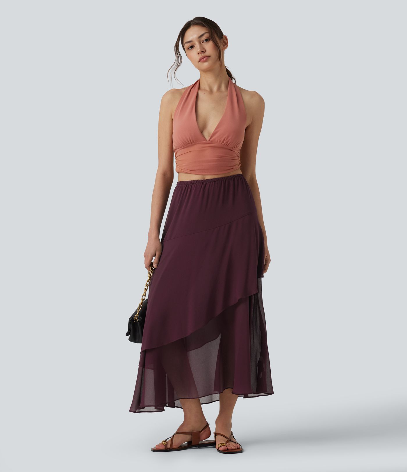 High Waisted Ruffle Layered Midi Casual Skirt