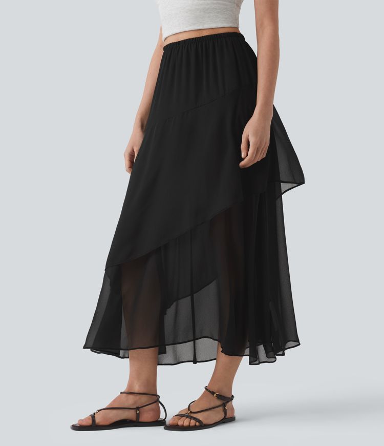 High Waisted Ruffle Layered Midi Casual Skirt