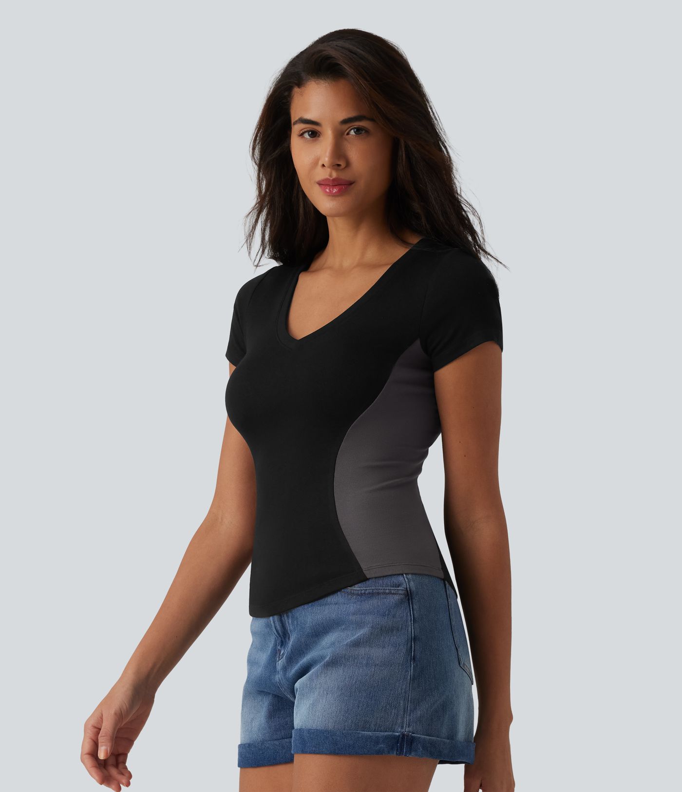 Ribbed Knit V-neck Short Sleeve Color Block Ultra-slim Casual T-Shirt