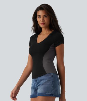 Ribbed Knit V-neck Short Sleeve Color Block Ultra-slim Casual T-Shirt