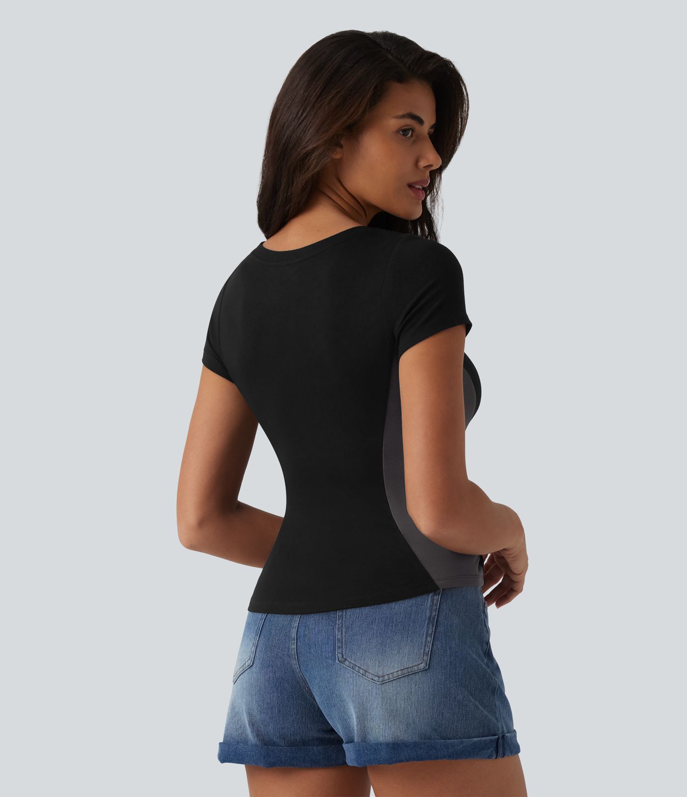 Ribbed Knit V-neck Short Sleeve Color Block Ultra-slim Casual T-Shirt