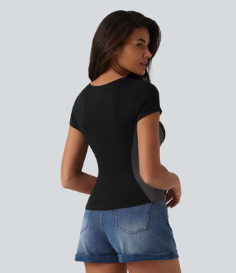 Ribbed Knit V-neck Short Sleeve Color Block Ultra-slim Casual T-Shirt