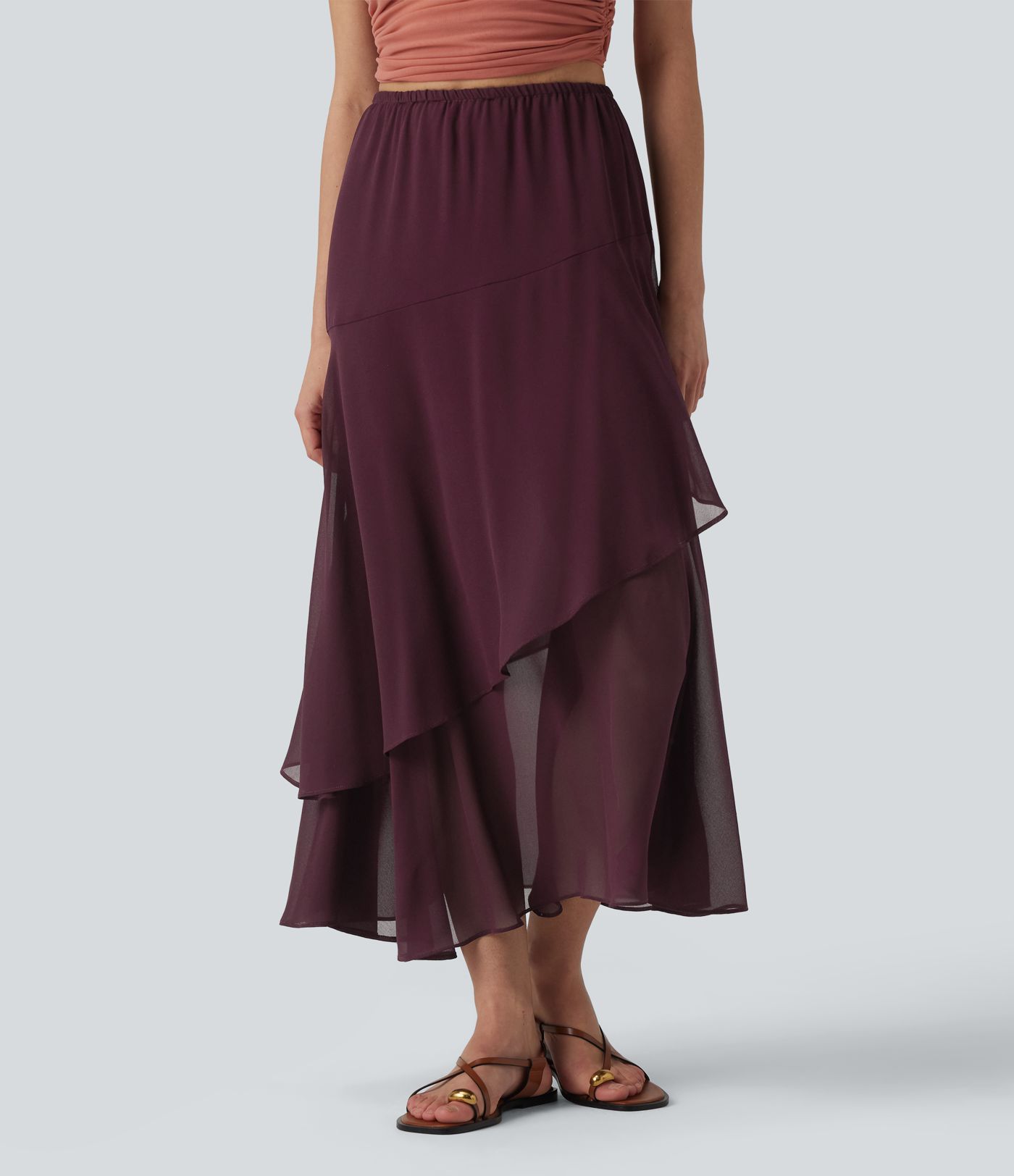 High Waisted Ruffle Layered Midi Casual Skirt