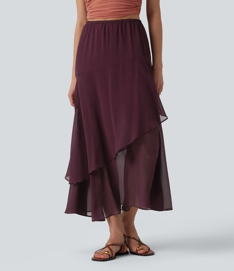 High Waisted Ruffle Layered Midi Casual Skirt