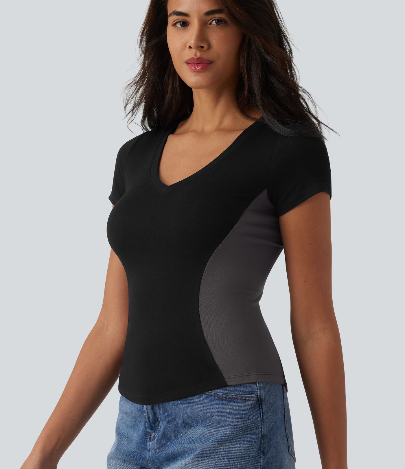 Ribbed Knit V-neck Short Sleeve Color Block Ultra-slim Casual T-Shirt