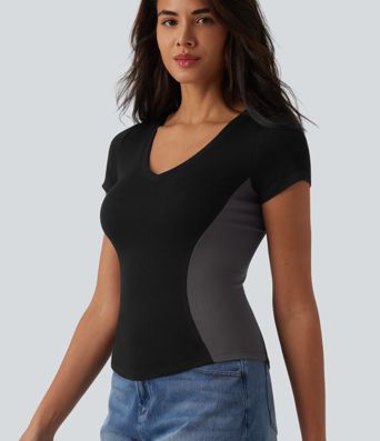 Ribbed Knit V-neck Short Sleeve Color Block Ultra-slim Casual T-Shirt