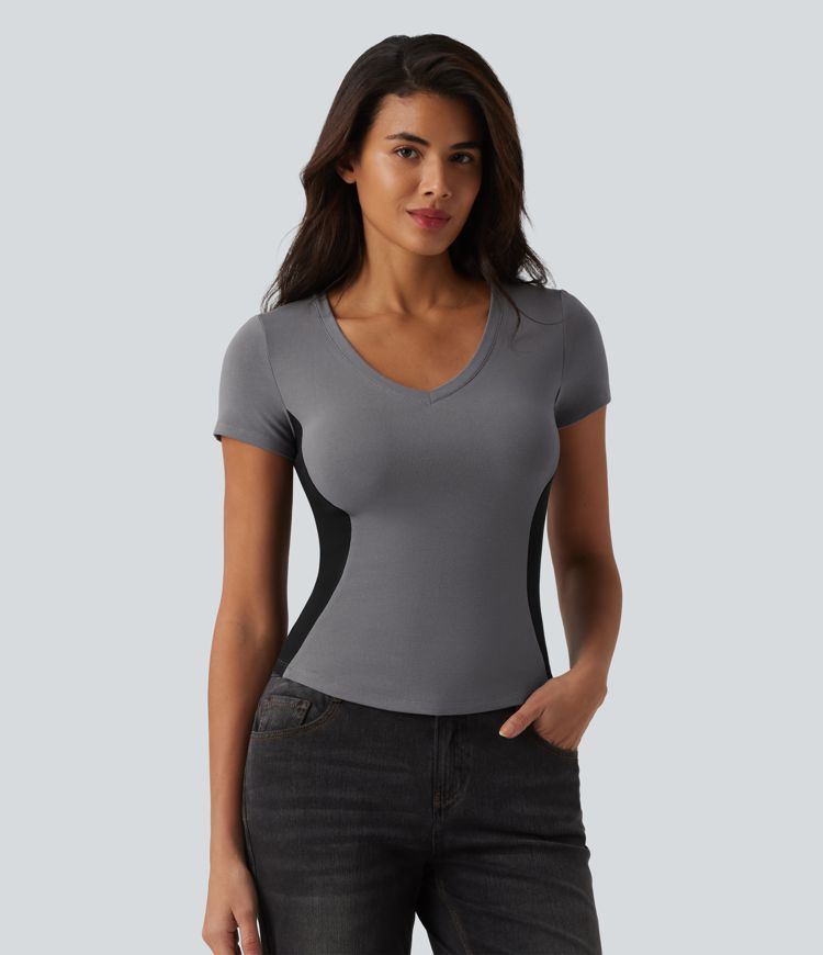 Ribbed Knit V-neck Short Sleeve Color Block Ultra-slim Casual T-Shirt