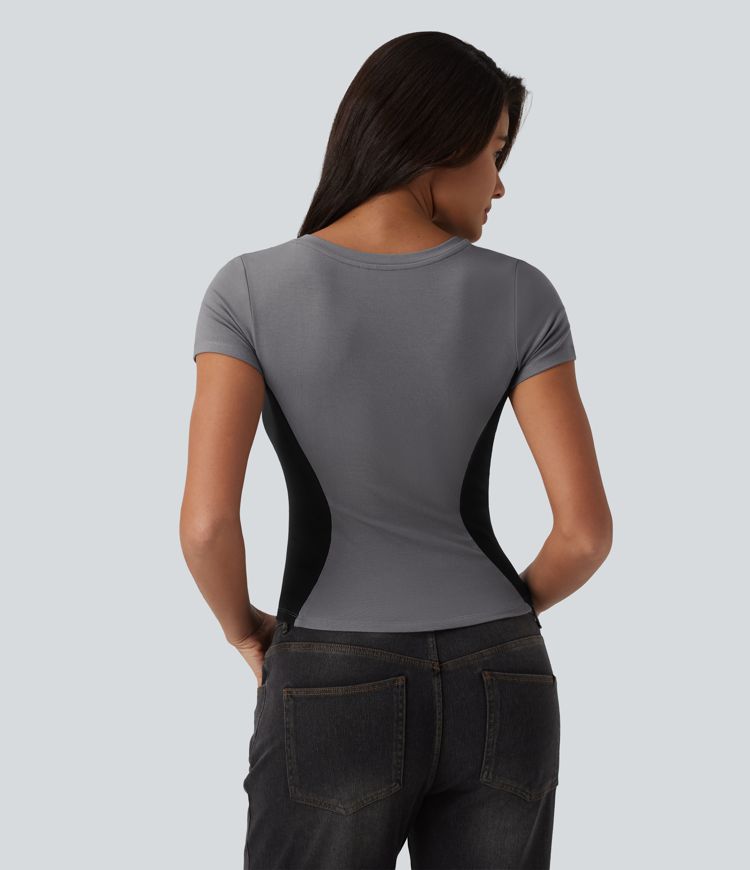 Ribbed Knit V-neck Short Sleeve Color Block Ultra-slim Casual T-Shirt