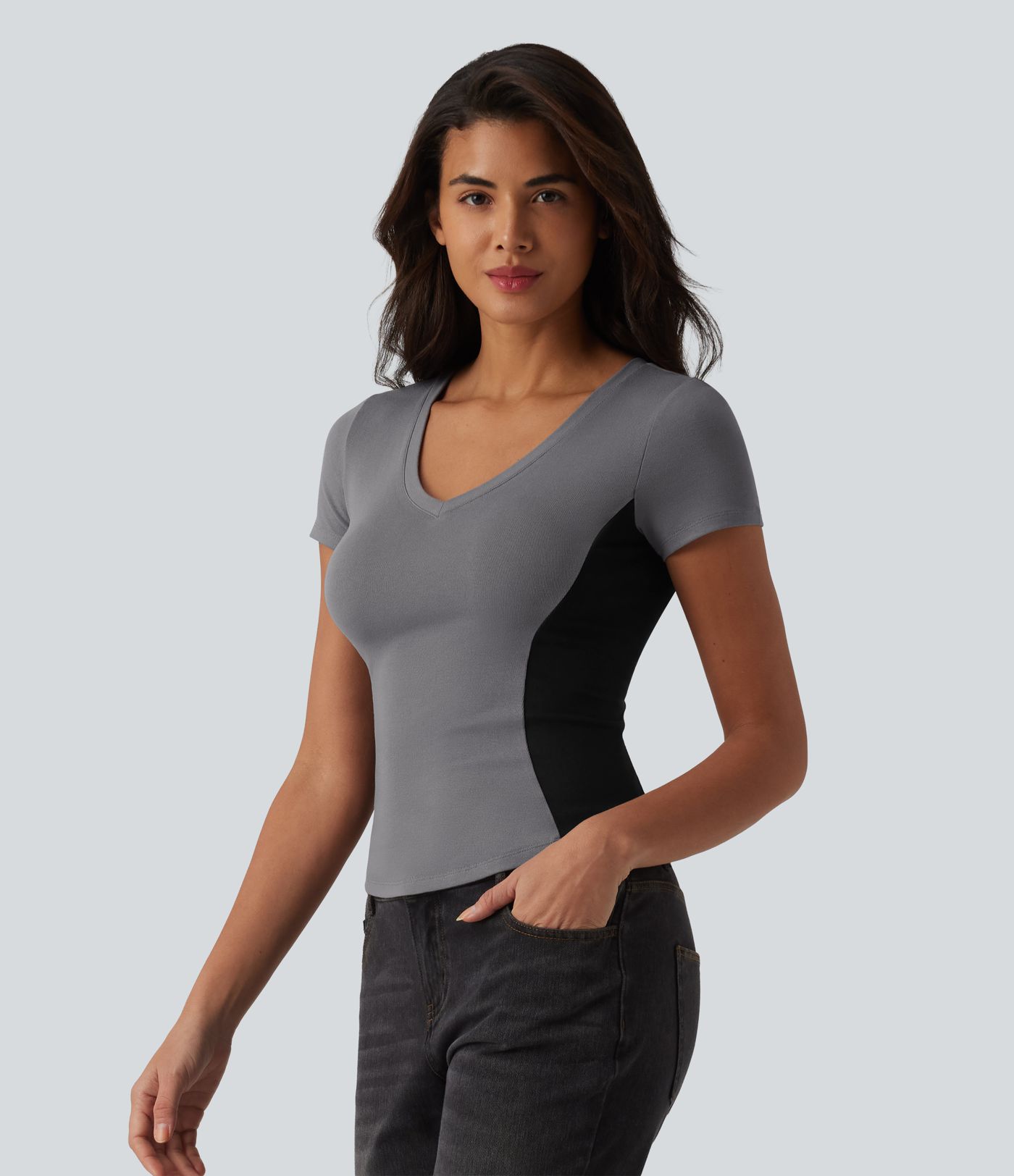 Ribbed Knit V-neck Short Sleeve Color Block Ultra-slim Casual T-Shirt