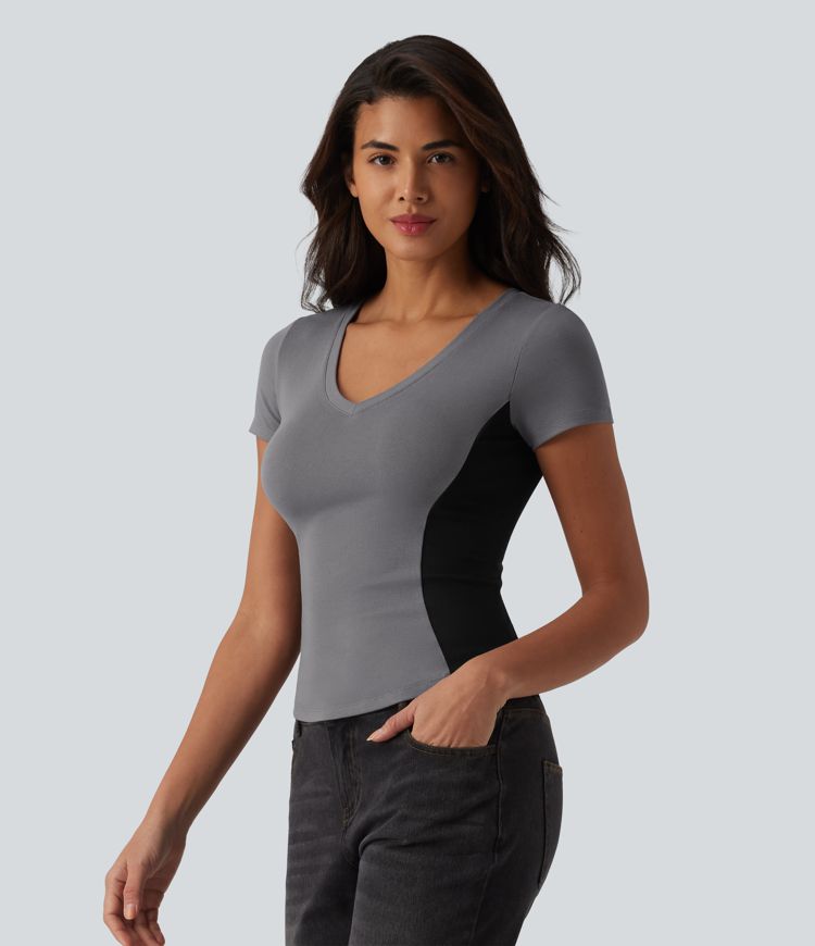 Ribbed Knit V-neck Short Sleeve Color Block Ultra-slim Casual T-Shirt